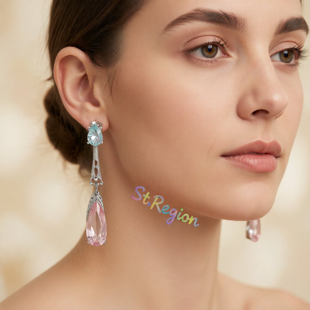 Pink and Silver-Plated Pear-Cut Drop Earrings, silver drop earrings for women, everyday style, styled look