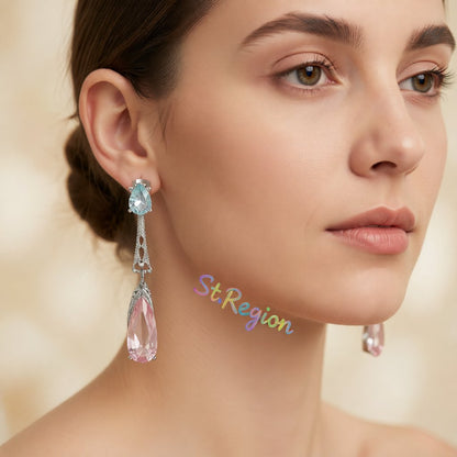 Pink and Silver-Plated Pear-Cut Drop Earrings, silver drop earrings for women, everyday style, styled look