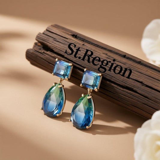 Green and Blue Crystal 18K Rose Gold-Plated Geometric Teardrop Earrings, rose gold drop earrings for women, front view