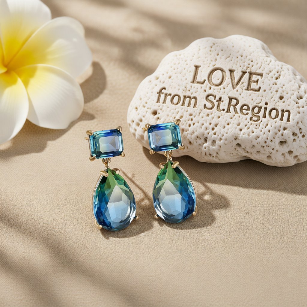 Green and Blue Crystal 18K Rose Gold-Plated Geometric Teardrop Earrings, rose gold drop earrings for women, lifestyle look