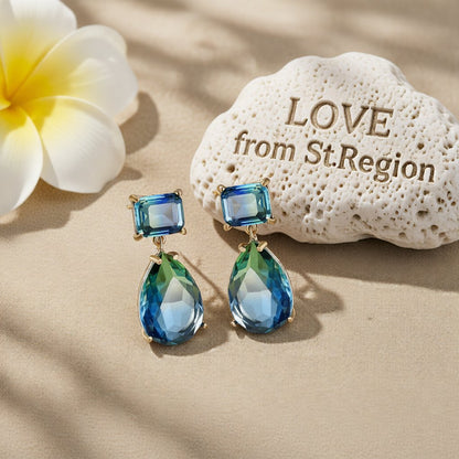 Green and Blue Crystal 18K Rose Gold-Plated Geometric Teardrop Earrings, rose gold drop earrings for women, lifestyle look