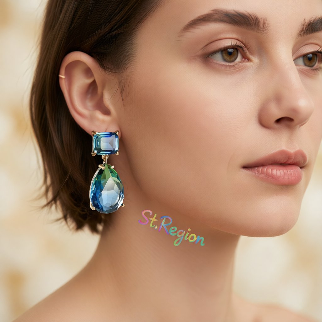 Green and Blue Crystal 18K Rose Gold-Plated Geometric Teardrop Earrings, rose gold drop earrings for women, styled look