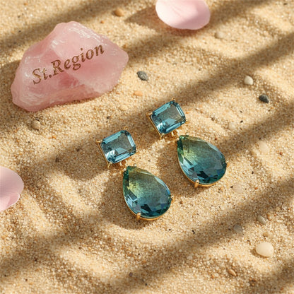 Green and Blue Crystal 18K Rose Gold-Plated Geometric Teardrop Earrings, rose gold drop earrings for women, detail close-up
