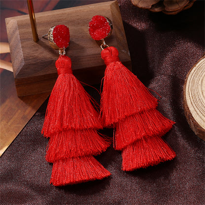 Red Tri-Layered Tassel Drop Earrings, drop earrings for women, elegant gift for her, side view