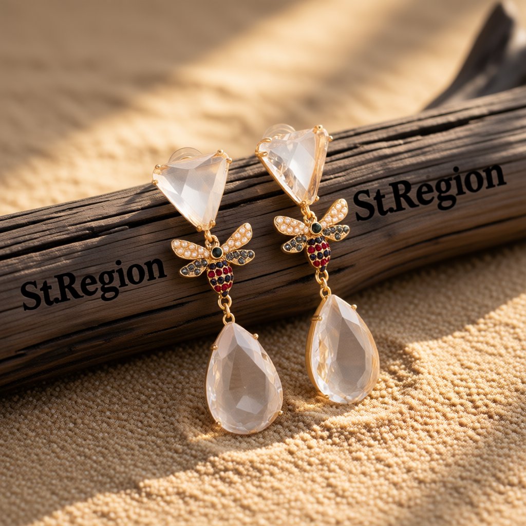 Pink Crystal and Cubic Zirconia 18K Gold-Plated Bee Drop Earrings, gold drop earrings for women, everyday style, front view