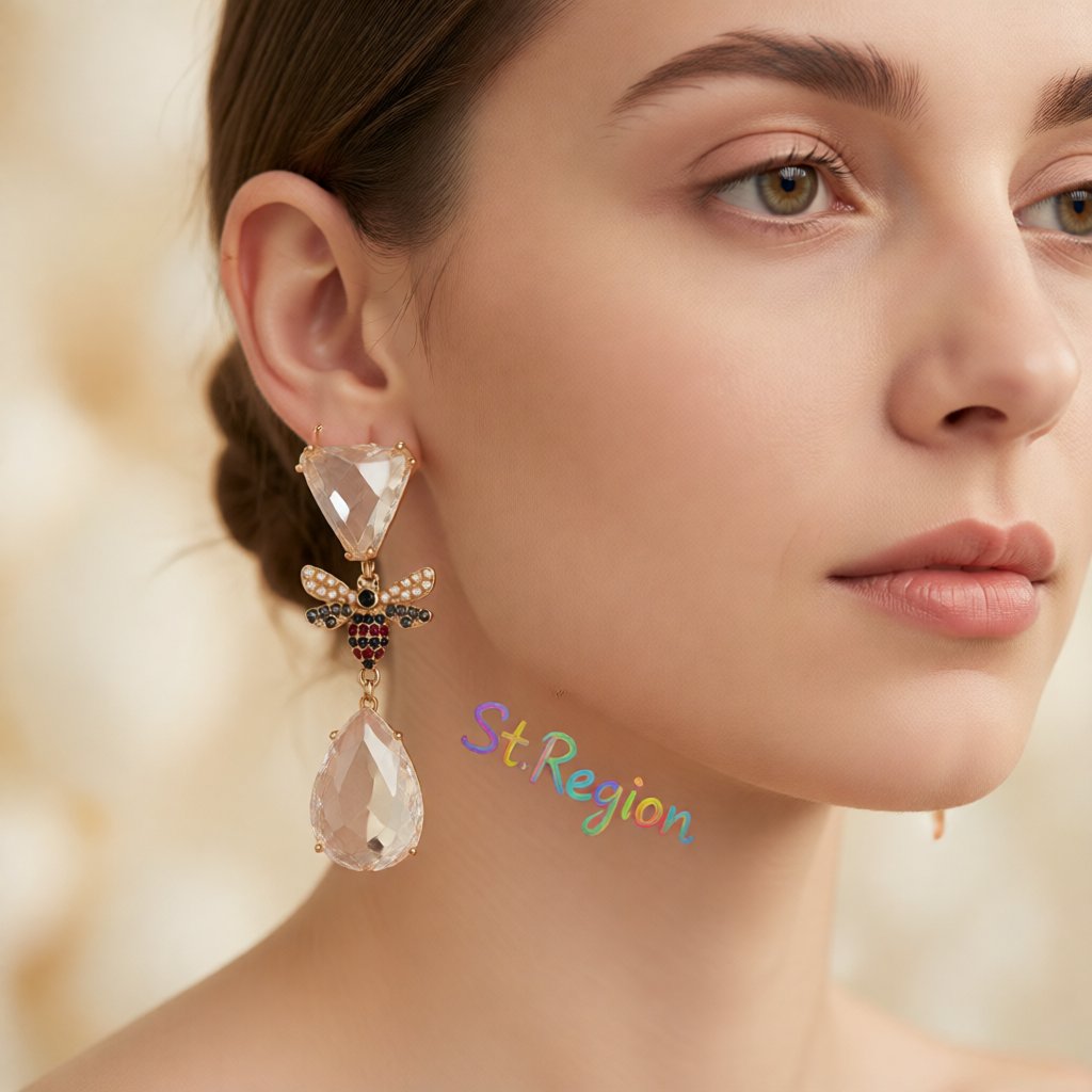 Pink Crystal and Cubic Zirconia 18K Gold-Plated Bee Drop Earrings, gold drop earrings for women, everyday style, styled look