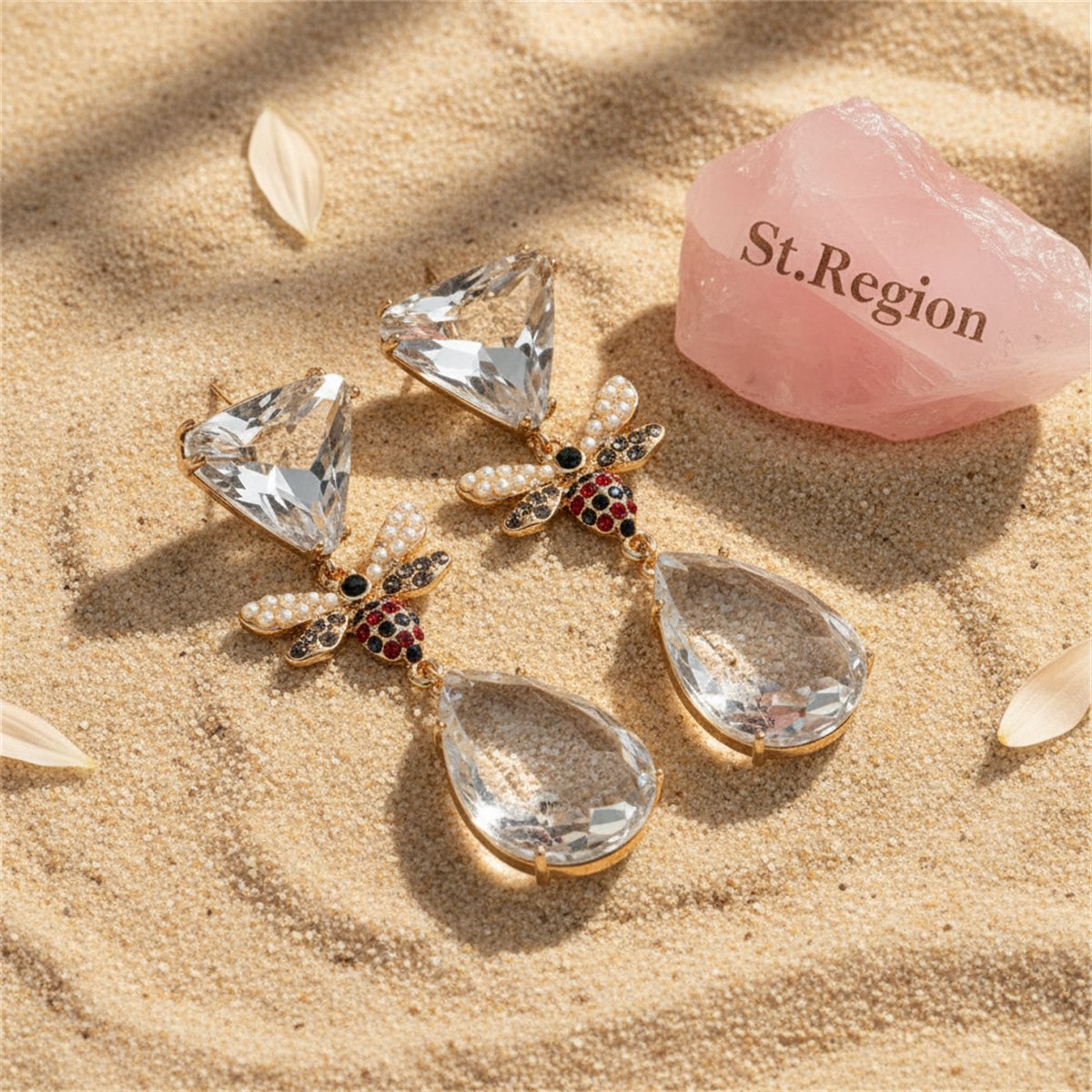 Pink Crystal and Cubic Zirconia 18K Gold-Plated Bee Drop Earrings, gold drop earrings for women, detail close-up