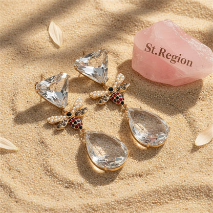 Pink Crystal and Cubic Zirconia 18K Gold-Plated Bee Drop Earrings, gold drop earrings for women, detail close-up