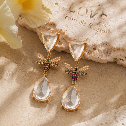 Pink Crystal and Cubic Zirconia 18K Gold-Plated Bee Drop Earrings, gold drop earrings for women, lifestyle look