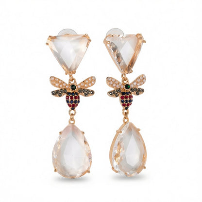 Pink Crystal and Cubic Zirconia 18K Gold-Plated Bee Drop Earrings, gold drop earrings for women, everyday style, side view