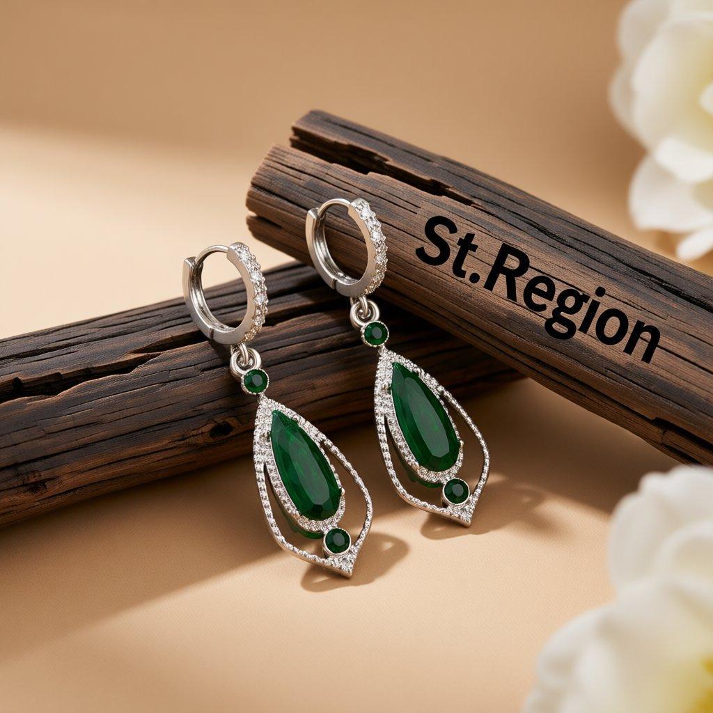 Green Crystal and Cubic Zirconia Open Drop Earrings, huggie earrings, dainty minimalist design, front view