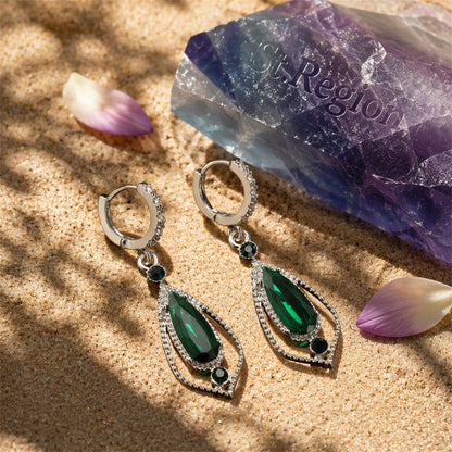 Green Crystal and Cubic Zirconia Open Drop Earrings, huggie earrings, dainty minimalist design, detail close-up