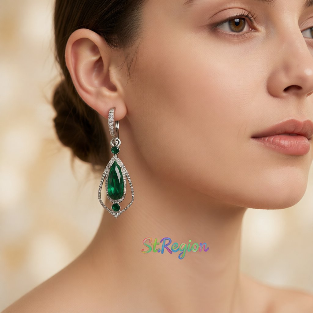 Green Crystal and Cubic Zirconia Open Drop Earrings, huggie earrings, dainty minimalist design, styled look