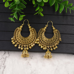 Gorgeous 18K gold-plated jhumka earrings with bead accents, perfect for making a statement at any special occasion.