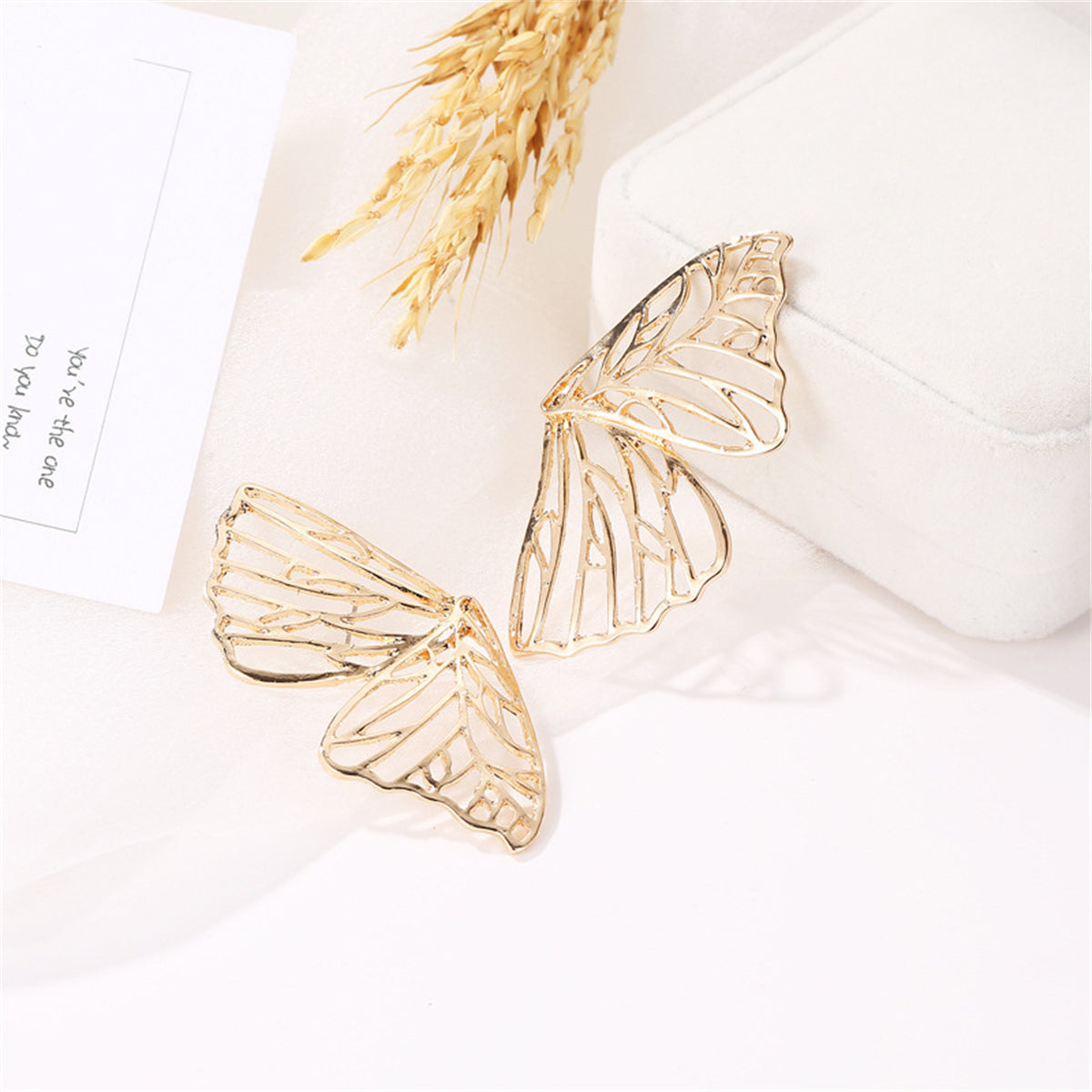 18K Gold-Plated Openwork Butterfly Wing Stud Earrings, gold stud earrings for women, dainty minimalist design, side view