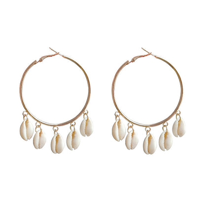Shell and 18K Gold-Plated Tassel Hoop Earrings, gold drop earrings for women, vintage-inspired design, lifestyle look