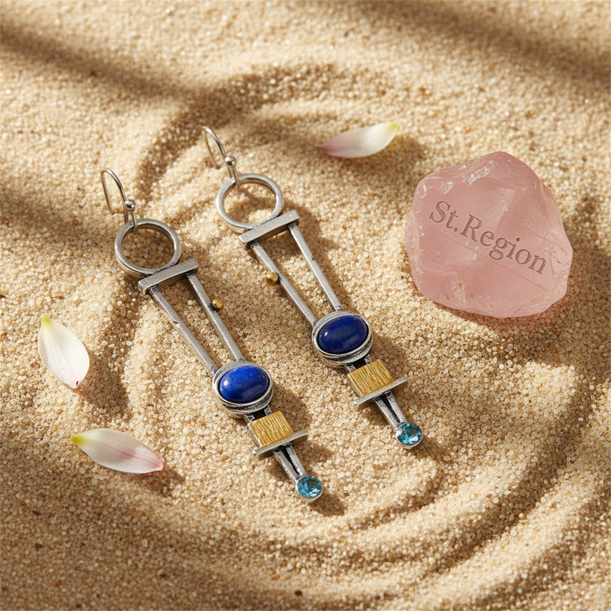Cubic Zirconia and Lapis Geometric Drop Earrings, drop earrings for women, everyday style, detail close-up