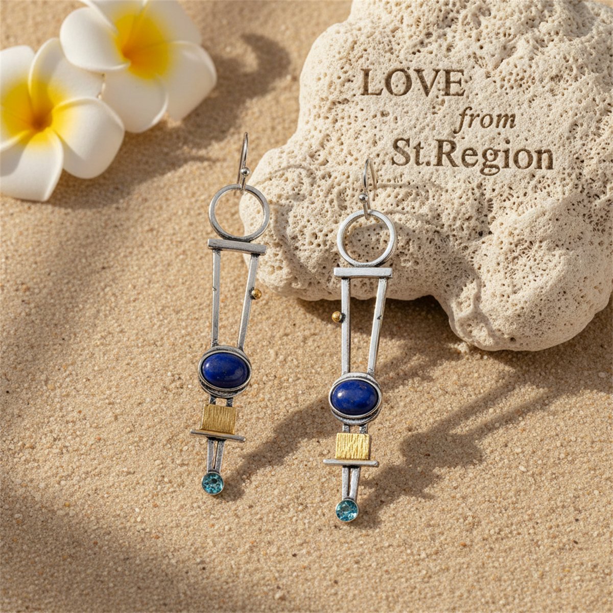 Cubic Zirconia and Lapis Geometric Drop Earrings, drop earrings for women, everyday style, lifestyle look