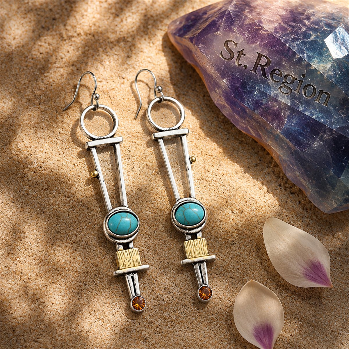 Turquoise and Cubic Zirconia Silver-Plated Geometric Drop Earrings, silver drop earrings for women, detail close-up