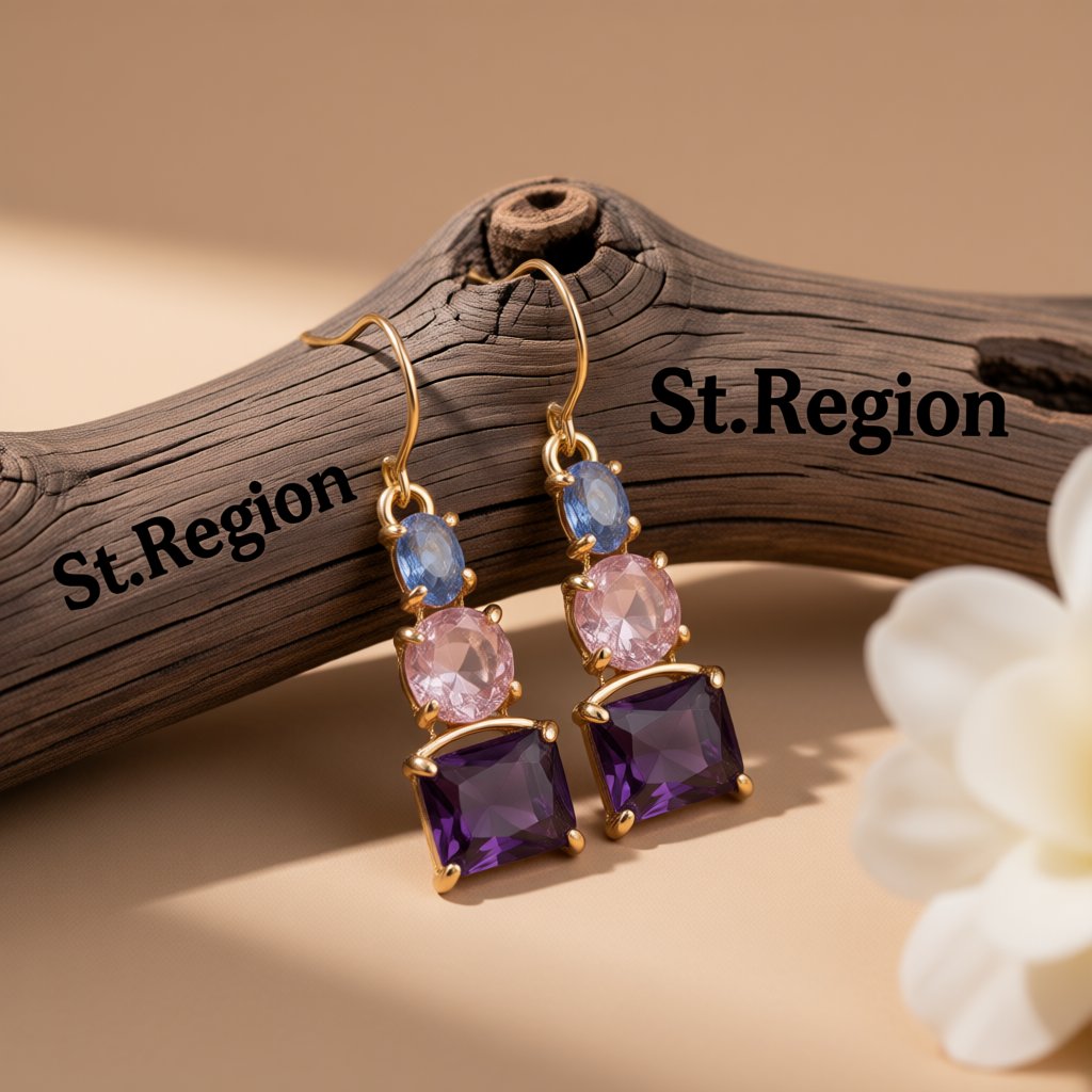 Purple Crystal and 18K Gold Plated Square Drop Earrings, gold drop earrings for women, everyday style, front view