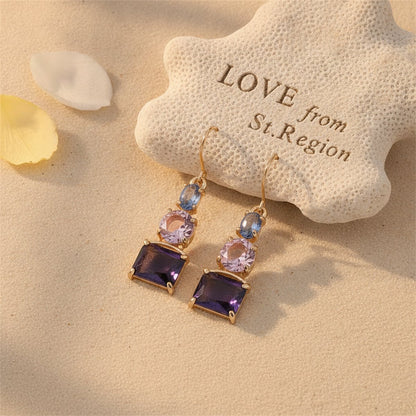 Purple Crystal and 18K Gold Plated Square Drop Earrings, gold drop earrings for women, everyday style, lifestyle look