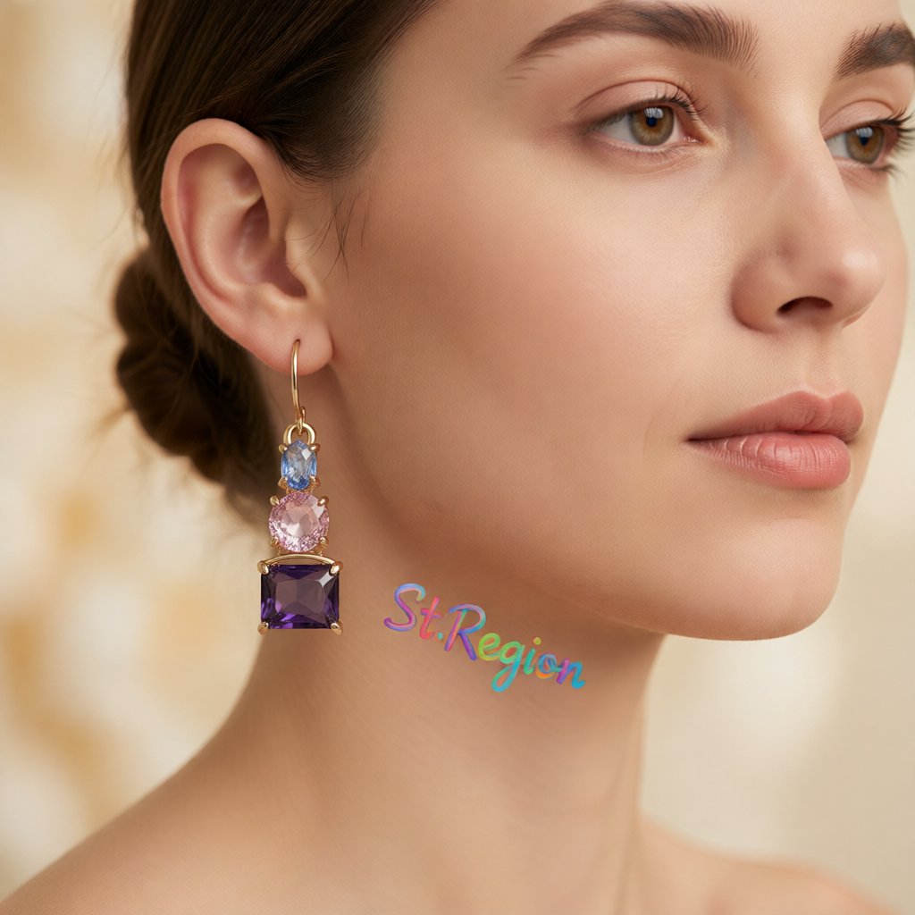 Purple Crystal and 18K Gold Plated Square Drop Earrings, gold drop earrings for women, everyday style, styled look