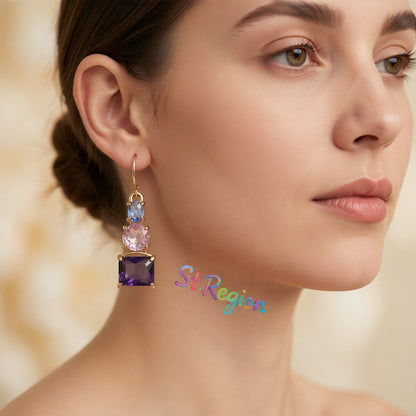Purple Crystal and 18K Gold Plated Square Drop Earrings, gold drop earrings for women, everyday style, styled look