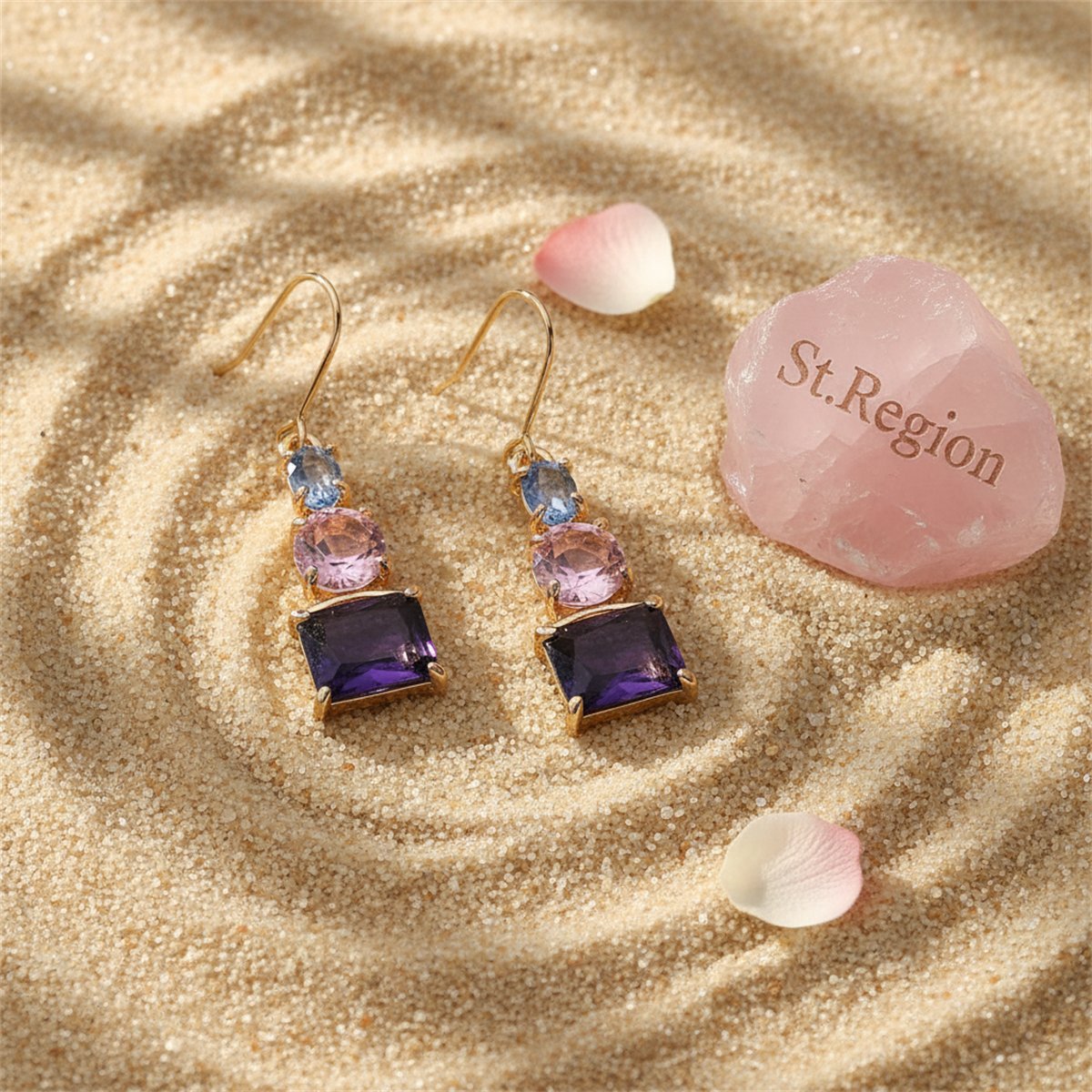 Purple Crystal and 18K Gold Plated Square Drop Earrings, gold drop earrings for women, everyday style, detail close-up