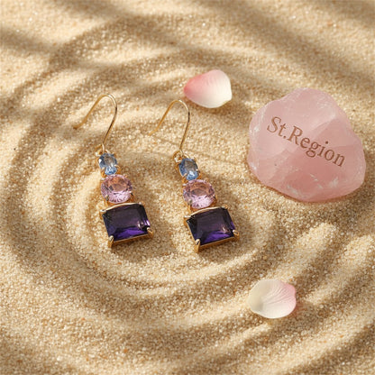 Purple Crystal and 18K Gold Plated Square Drop Earrings, gold drop earrings for women, everyday style, detail close-up
