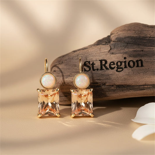Champagne Crystal and Resin Stacked Circle Drop Earrings, drop earrings for women, dainty minimalist design, front view