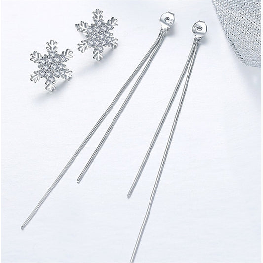Cubic Zirconia and Silver-Plated Snowflake Tassel Ear Jackets, silver drop earrings for women, everyday style, front view
