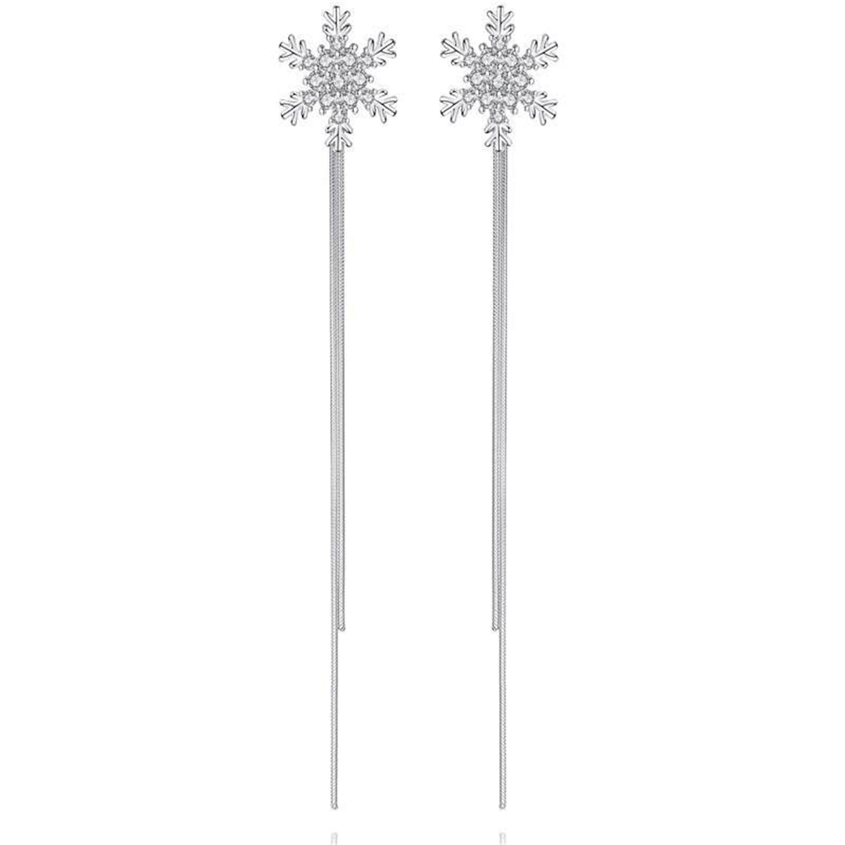 Cubic Zirconia and Silver-Plated Snowflake Tassel Ear Jackets, silver drop earrings for women, everyday style, lifestyle look