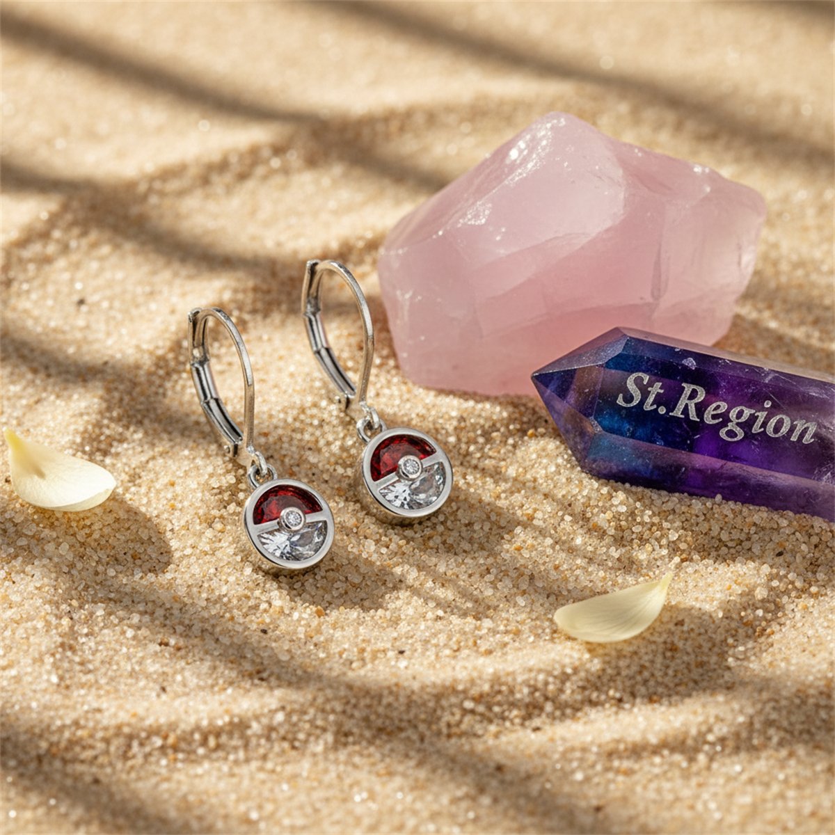 Red Crystal and Silver-Plated Ball Leverback Earrings, silver huggie earrings, everyday style, detail close-up