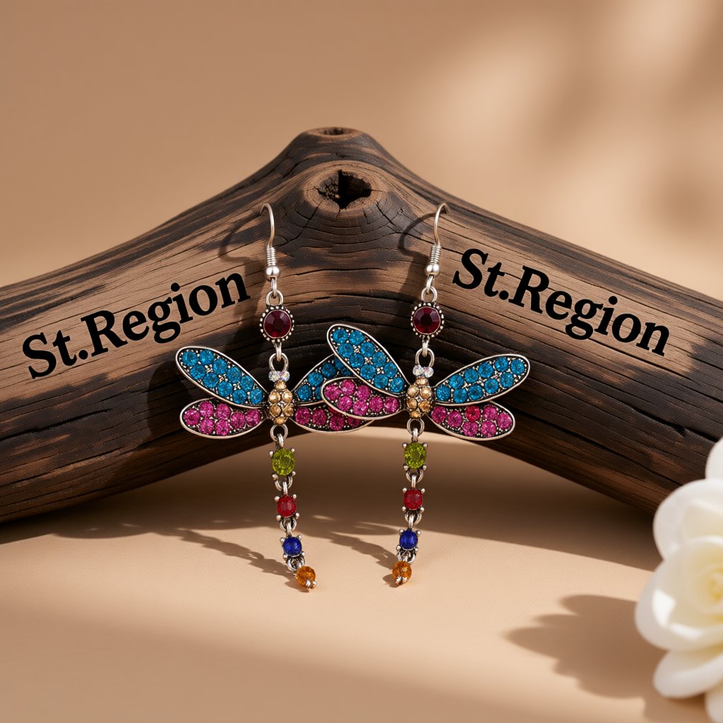 Blue and Pink Crystal and Silver-Plated Dragonfly Drop Earrings, silver drop earrings for women, side view