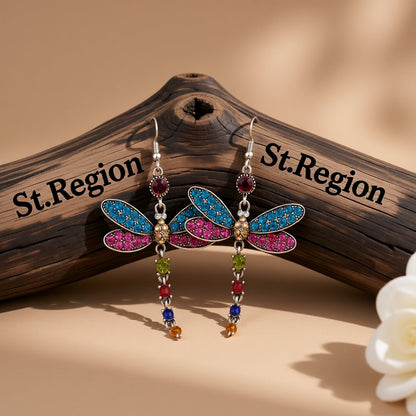 Blue and Pink Crystal and Silver-Plated Dragonfly Drop Earrings, silver drop earrings for women, side view