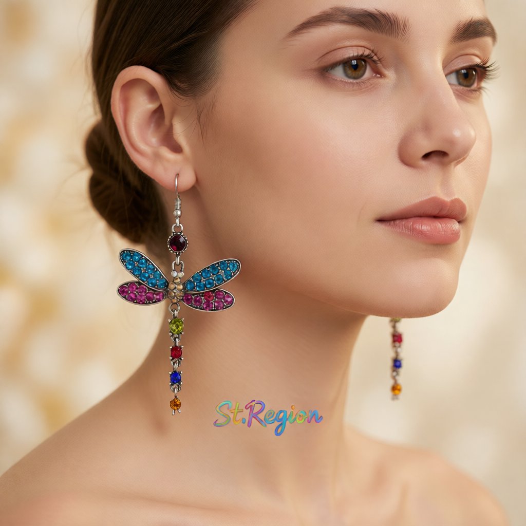 Blue and Pink Crystal and Silver-Plated Dragonfly Drop Earrings, silver drop earrings for women, styled look