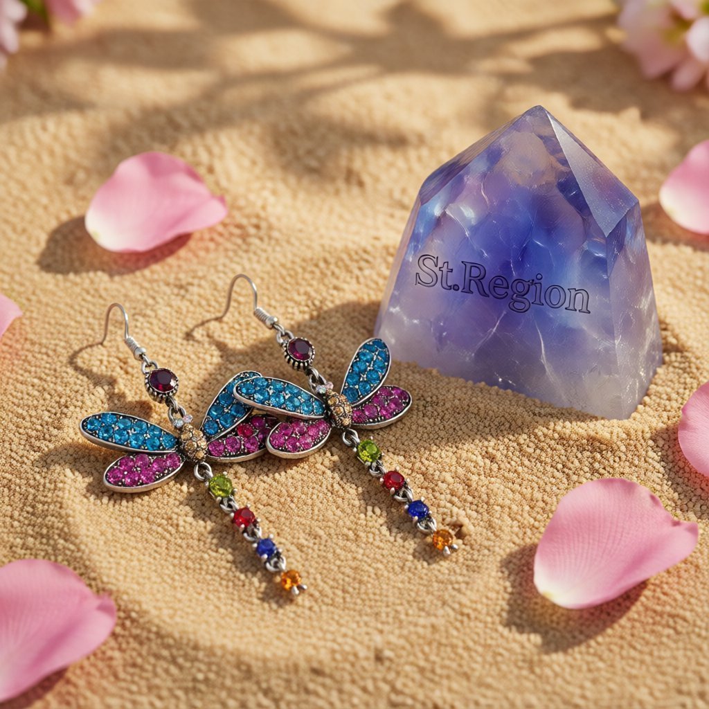 Blue and Pink Crystal and Silver-Plated Dragonfly Drop Earrings, silver drop earrings for women, detail close-up