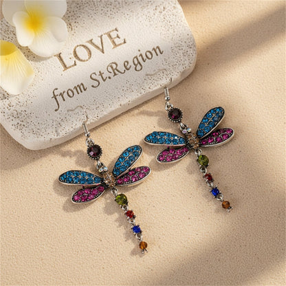 Blue and Pink Crystal and Silver-Plated Dragonfly Drop Earrings, silver drop earrings for women, lifestyle look