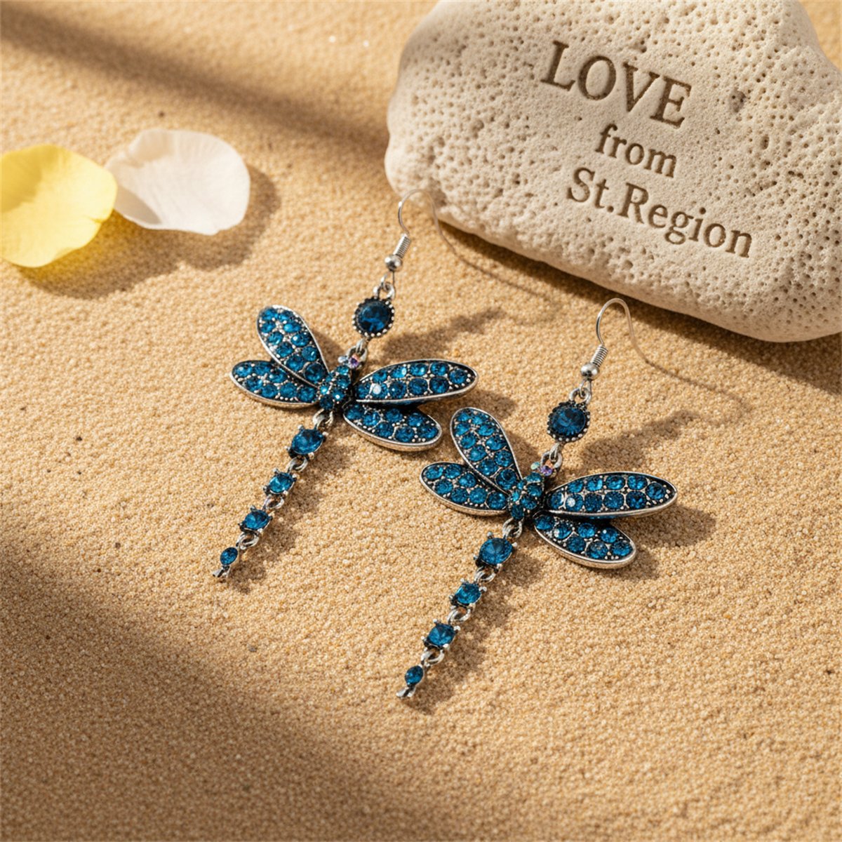 Blue Cubic Zirconia and Silver-Plated Dragonfly Drop Earrings, silver drop earrings for women, lifestyle look
