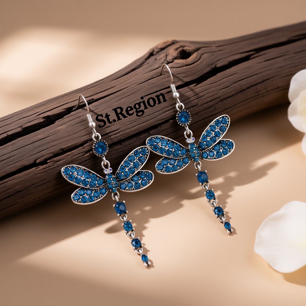 Blue Cubic Zirconia and Silver-Plated Dragonfly Drop Earrings, silver drop earrings for women, botanical inspired, front view