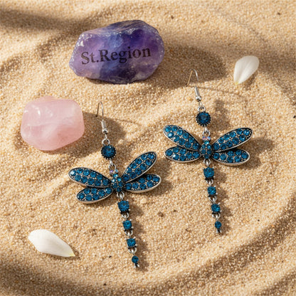 Blue Cubic Zirconia and Silver-Plated Dragonfly Drop Earrings, silver drop earrings for women, detail close-up
