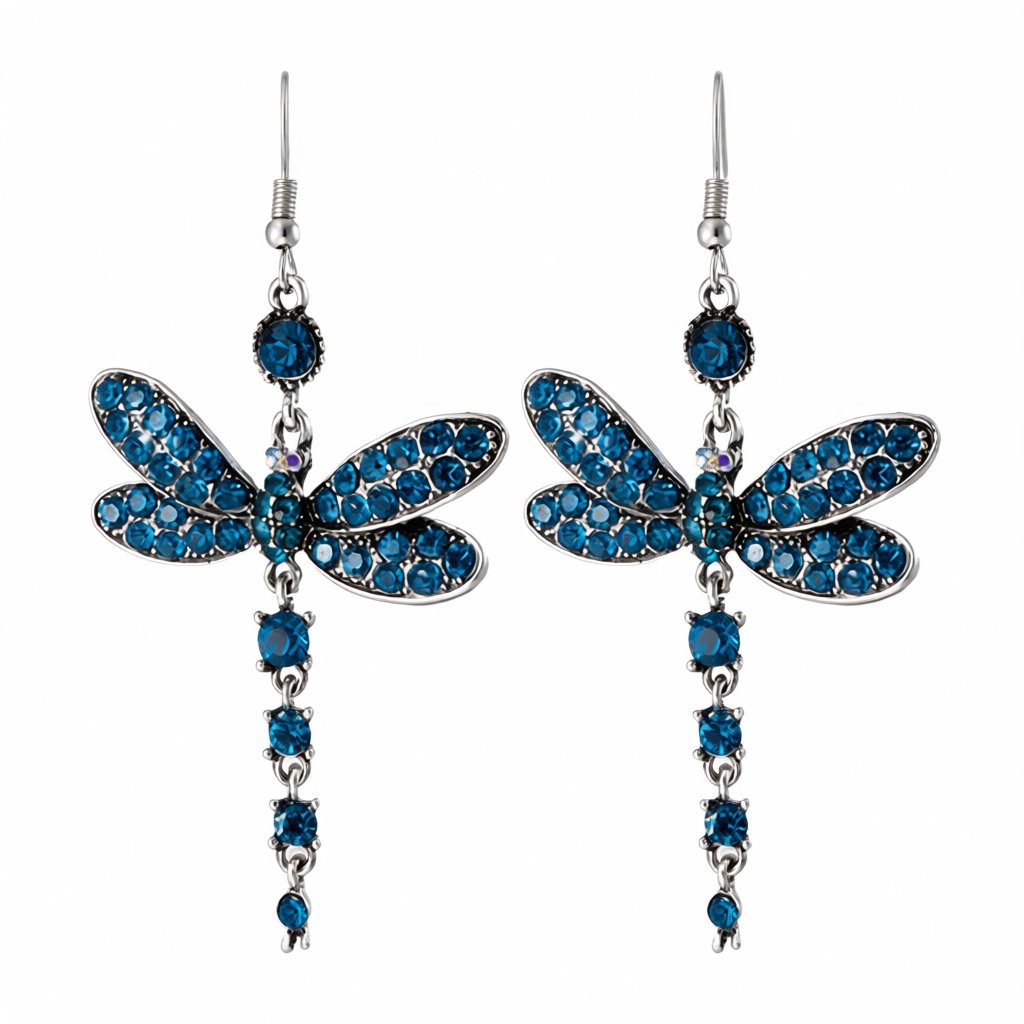 Blue Cubic Zirconia and Silver-Plated Dragonfly Drop Earrings, silver drop earrings for women, botanical inspired, side view