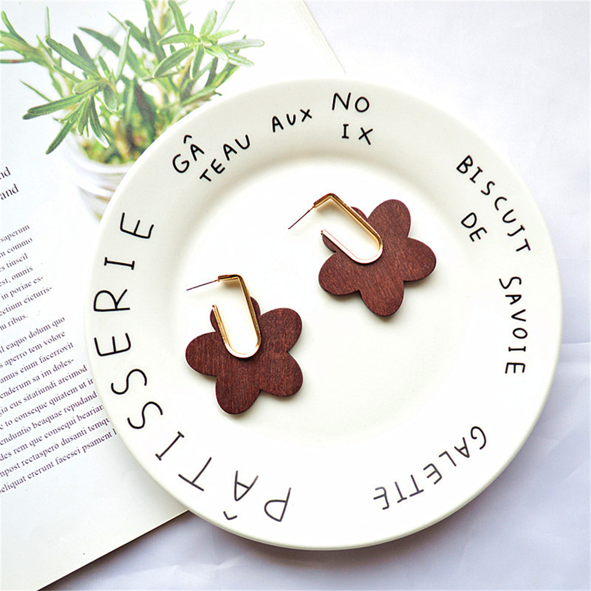 Coffee Wood and 18K Gold-Plated Flower Huggie Earrings, gold huggie earrings, everyday style, side view