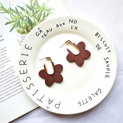 Coffee Wood and 18K Gold-Plated Flower Huggie Earrings, gold huggie earrings, everyday style, side view