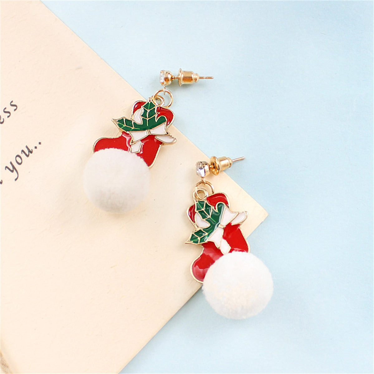 Cubic Zirconia and Red Holly Stocking Pom-Pom Drop Earrings, drop earrings for women, elegant gift for her, side view