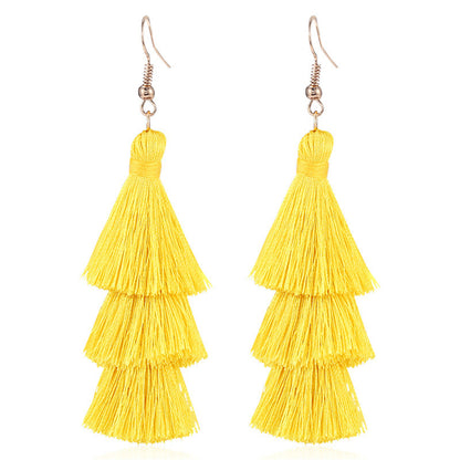 Yellow Polyster and 18K Gold-Plated Tiered Tassel Drop Earrings, gold drop earrings for women, side view