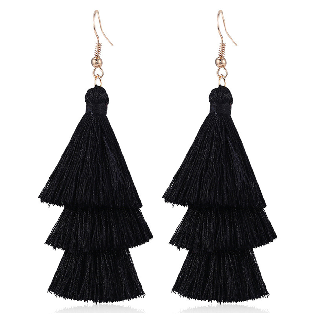 Black Polyster and 18K Gold-Plated Layered Tassel Drop Earrings, gold drop earrings for women, botanical inspired, side view