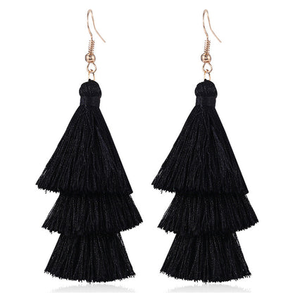 Black Polyster and 18K Gold-Plated Layered Tassel Drop Earrings, gold drop earrings for women, botanical inspired, side view