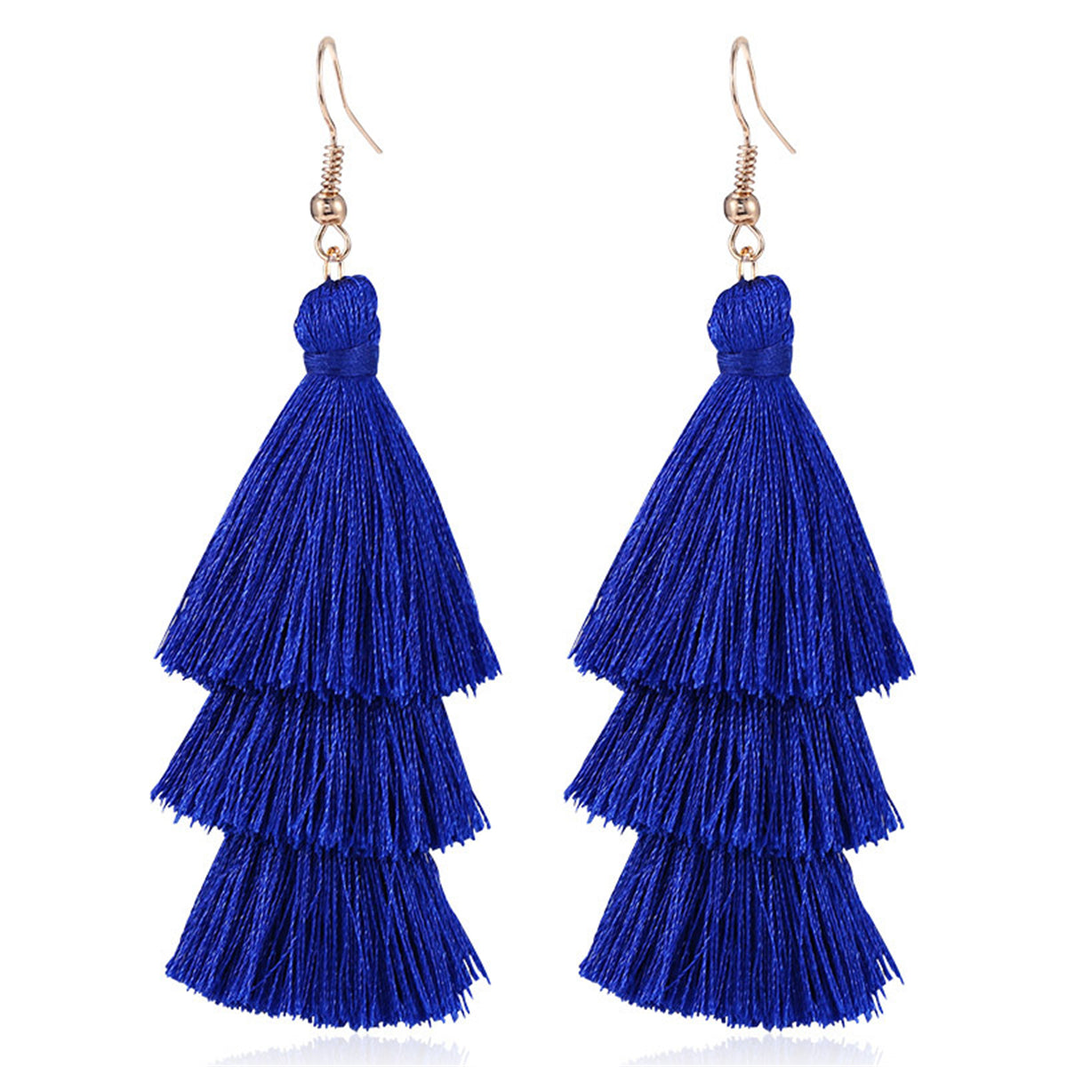 Navy Polyster and 18K Gold-Plated Tiered Tassel Drop Earrings, gold drop earrings for women, side view