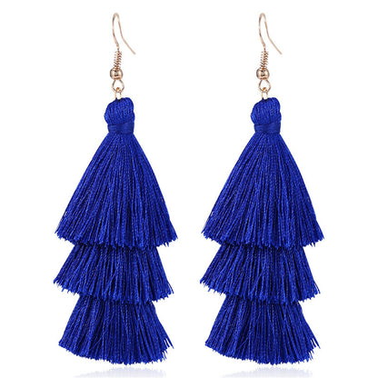Navy Polyster and 18K Gold-Plated Tiered Tassel Drop Earrings, gold drop earrings for women, side view